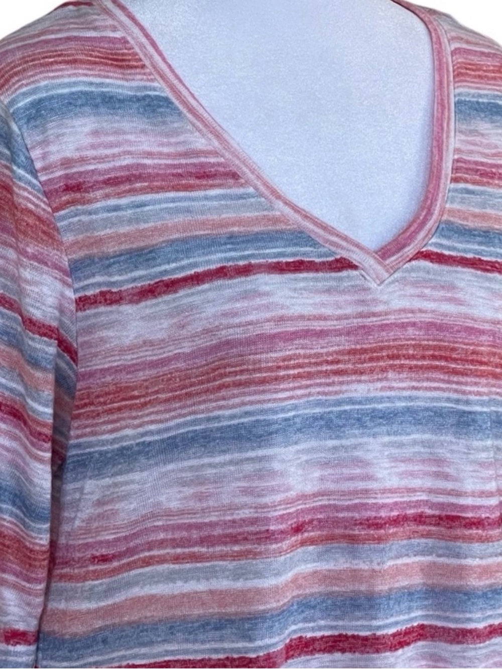 Democracy Pink Blue White Stripes Knit Top Short Sleeves Drawstring Sides, L - Picture 5 of 12